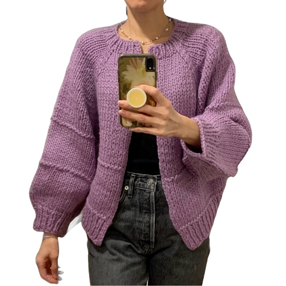 Hand Knit Purple Wool Cardigan